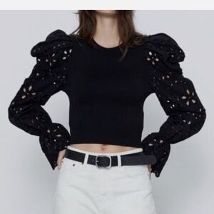 Zara Black Eyelet Puff-Sleeve Knit Top